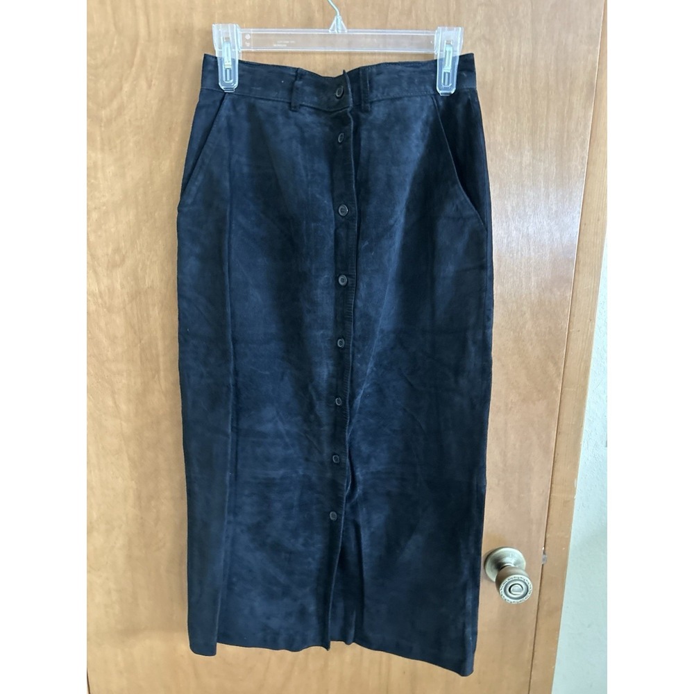 Vintage Toffs Skirt Women's Sz 12 Black Genuine Suede Button Front Midi Pencil